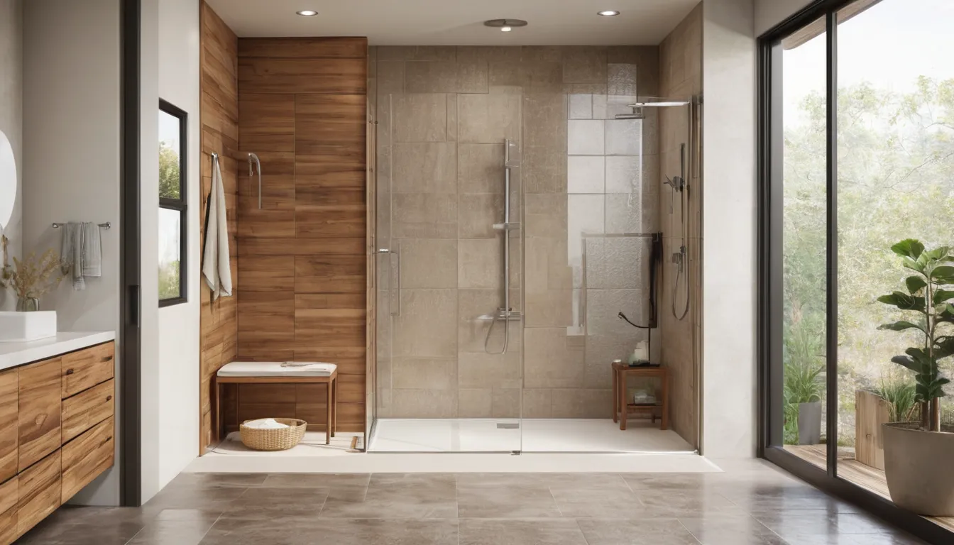 A bright walk-in shower with a flat, level entry, a bench and a grab bar in a home near Kissimmee